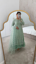 Load image into Gallery viewer, Cutdana Green suit with embroidered cotton net duppata and trouser. Party wear. Eid collection.