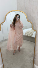 Load image into Gallery viewer, Korean raw silk suit with emrboidery and lace details. Organza duppata. Party wear. Eid collection.