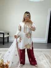 Load image into Gallery viewer, Ethnic inspired silk suit with full sequin embroidery. Wide leg trouser. Khadi net duppata. Fully embroidered party wear Asian suit.