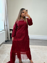 Load image into Gallery viewer, Sparkle Golden chiffon suit with embroidered chiffon duppata and trouser. Party wear. Eid collection.