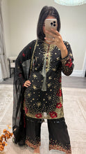 Load image into Gallery viewer, Black/ white chiffon embroidered suit with sequin embroidery and embellishments. Chiffon duppata. Eid and party wear.