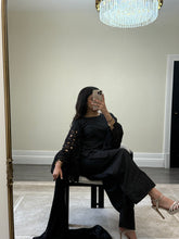 Load image into Gallery viewer, Crochet sleeve shirt with farshi shalwar and silk duppata with pearl finishing throughout