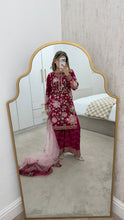 Load image into Gallery viewer, Jazmin inspired chiffon embroidered suit with chiffon duppata and wide leg embroidered trouser