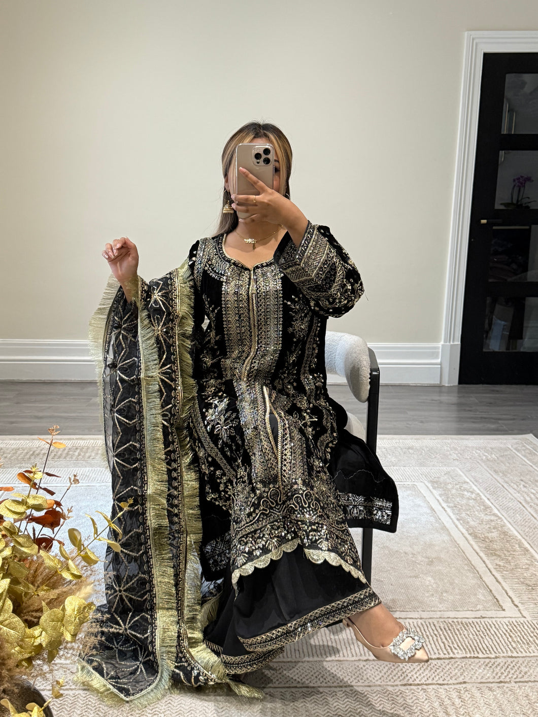 Velvet embroidered 3 piece suit. With organza and wide leg trouser.Pakistani Indian shalwar kameez.