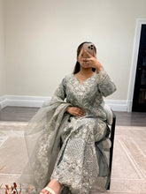 Load image into Gallery viewer, Light lilac / grey organza suit with embellishment and embroidery with duppata and trouser. Asian party wear suit.