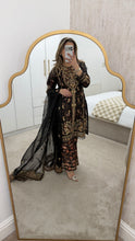 Load image into Gallery viewer, Black Organza embellished 3 piece suit with wide leg silk trouser Eid collection party wear