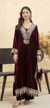 Load image into Gallery viewer, Design 2 Morrored Velvet Embroidered on trend kaftan with trouser and dupatta
