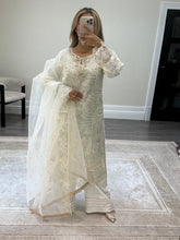 Load image into Gallery viewer, White baroque inspired organza suit with embellishment and embroidery with organza duppata and trouser. Asian party wear suit.