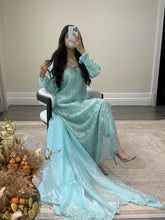 Load image into Gallery viewer, Cutdana grey/blue suit with embroidered cotton net duppata and trouser. Party wear. Eid collection.