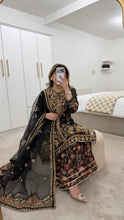 Load image into Gallery viewer, Black Organza embellished 3 piece suit with wide leg silk trouser Eid collection party wear