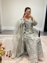Load image into Gallery viewer, Light lilac / grey organza suit with embellishment and embroidery with duppata and trouser. Asian party wear suit.