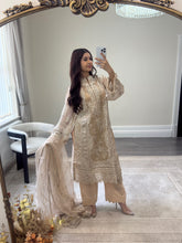 Load image into Gallery viewer, Qalamkar inspired khadi net suit with embroidered khadi net duppata and lawn embroidered trouser