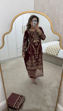 Load image into Gallery viewer, Maroon embroidered suit with full embellishment detailing and organza embroidered duppata. Crepe trouser. Eid collection and party wear