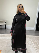 Load image into Gallery viewer, Black silk suit with embroidered sequin work and silk tye dye duppata and silk trouser