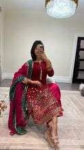 Load image into Gallery viewer, Sparkle red velvet embroidered suit with silk trouser and chiffon duppata
