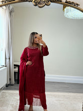 Load image into Gallery viewer, Sparkle Golden chiffon suit with embroidered chiffon duppata and trouser. Party wear. Eid collection.