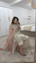 Load image into Gallery viewer, White sparkle chiffon embroidered suit with cotton net duppata and crepe trouser