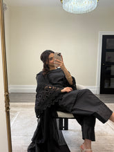 Load image into Gallery viewer, Crochet sleeve shirt with farshi shalwar and silk duppata with pearl finishing throughout