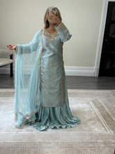 Load image into Gallery viewer, Sheesha silk suit with Gota work and embroidery and silk pleated lehenga and cotton net duppata. Party wear. Asian wedding suit.
