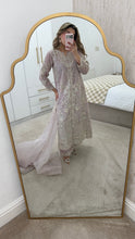 Load image into Gallery viewer, Light lilac / grey organza suit with embellishment and embroidery with duppata and trouser. Asian party wear suit.