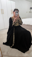 Load image into Gallery viewer, Chiffon frock style suit with sari draped duppata and hand embellishments and silk trouser. Eid collection. Party wear.