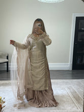 Load image into Gallery viewer, Sheesha silk suit with Gota work and embroidery and silk pleated lehenga and cotton net duppata. Party wear. Asian wedding suit.