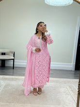 Load image into Gallery viewer, Lace net pearl embellished suit with trouser with chiffon duppata.