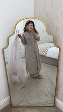 Load image into Gallery viewer, Light lilac / grey organza suit with embellishment and embroidery with duppata and trouser. Asian party wear suit.