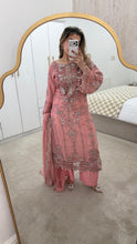 Load image into Gallery viewer, Light Pink Maria b inspired chiffon suit with embellishment and embroidery with chiffon duppata and trouser. Asian party wear suit.
