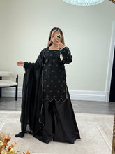 Load image into Gallery viewer, Organza cutwork embroidered shirt with wide leg silk plazzo and medium silk duppata. Eid collection