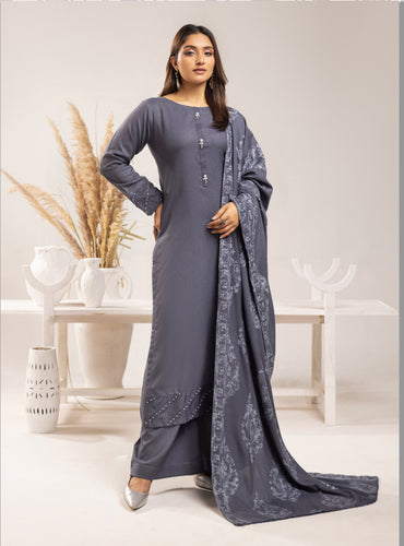 Dhanak embroidered shawl 3 piece suit Grey