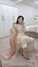 Load image into Gallery viewer, White sparkle chiffon embroidered suit with cotton net duppata and crepe trouser