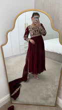 Load image into Gallery viewer, Chiffon frock style suit with sari draped duppata and hand embellishments and silk trouser. Eid collection. Party wear.