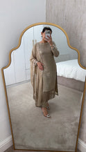 Load image into Gallery viewer, Sparkle Golden chiffon suit with embroidered chiffon duppata and trouser. Party wear. Eid collection.