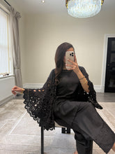 Load image into Gallery viewer, Crochet sleeve shirt with farshi shalwar and silk duppata with pearl finishing throughout