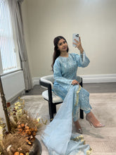 Load image into Gallery viewer, Ice blue Organza embellished suit with stonework. Organza duppata and silk trouser.