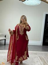 Load image into Gallery viewer, Beautiful handwork embroidered suit in red silk with cotton net duppata and trouser. Perfect wedding wear suit.