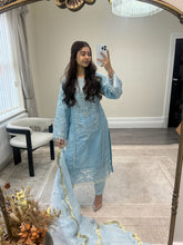 Load image into Gallery viewer, Ice blue Organza embellished suit with stonework. Organza duppata and silk trouser.