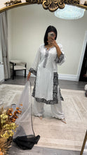 Load image into Gallery viewer, Raw silk black and white hand embroidered 3 piece suit with organza duppata