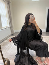 Load image into Gallery viewer, Crochet sleeve shirt with farshi shalwar and silk duppata with pearl finishing throughout