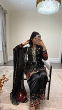Load image into Gallery viewer, Black/ white chiffon embroidered suit with sequin embroidery and embellishments. Chiffon duppata. Eid and party wear.
