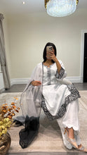 Load image into Gallery viewer, Raw silk black and white hand embroidered 3 piece suit with organza duppata