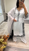 Load image into Gallery viewer, Raw silk black and white hand embroidered 3 piece suit with organza duppata
