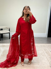 Load image into Gallery viewer, Korean raw silk suit with emrboidery and lace details. Organza duppata. Party wear. Eid collection.
