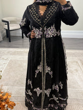 Load image into Gallery viewer, Maria b inspired black chiffon frock with embroidered and rhinestone detailing with trouser and chiffon duppata