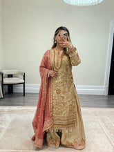 Load image into Gallery viewer, DEFECTIVE Baroque inspired golden chiffon embroidered suit with sharara with chiffon duppata. (Copy)