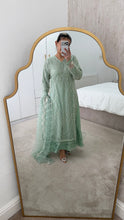 Load image into Gallery viewer, Cutdana Green suit with embroidered cotton net duppata and trouser. Party wear. Eid collection.