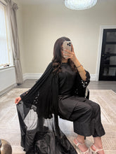 Load image into Gallery viewer, Crochet sleeve shirt with farshi shalwar and silk duppata with pearl finishing throughout