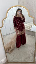 Load image into Gallery viewer, Red velvet embroidered suit with mirror work and wid leg trouser and organza duppata. Eid collection party wear
