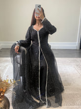 Load image into Gallery viewer, Mahira khan black sparkle suit with open gown style shirt. Duppata and trouser.
